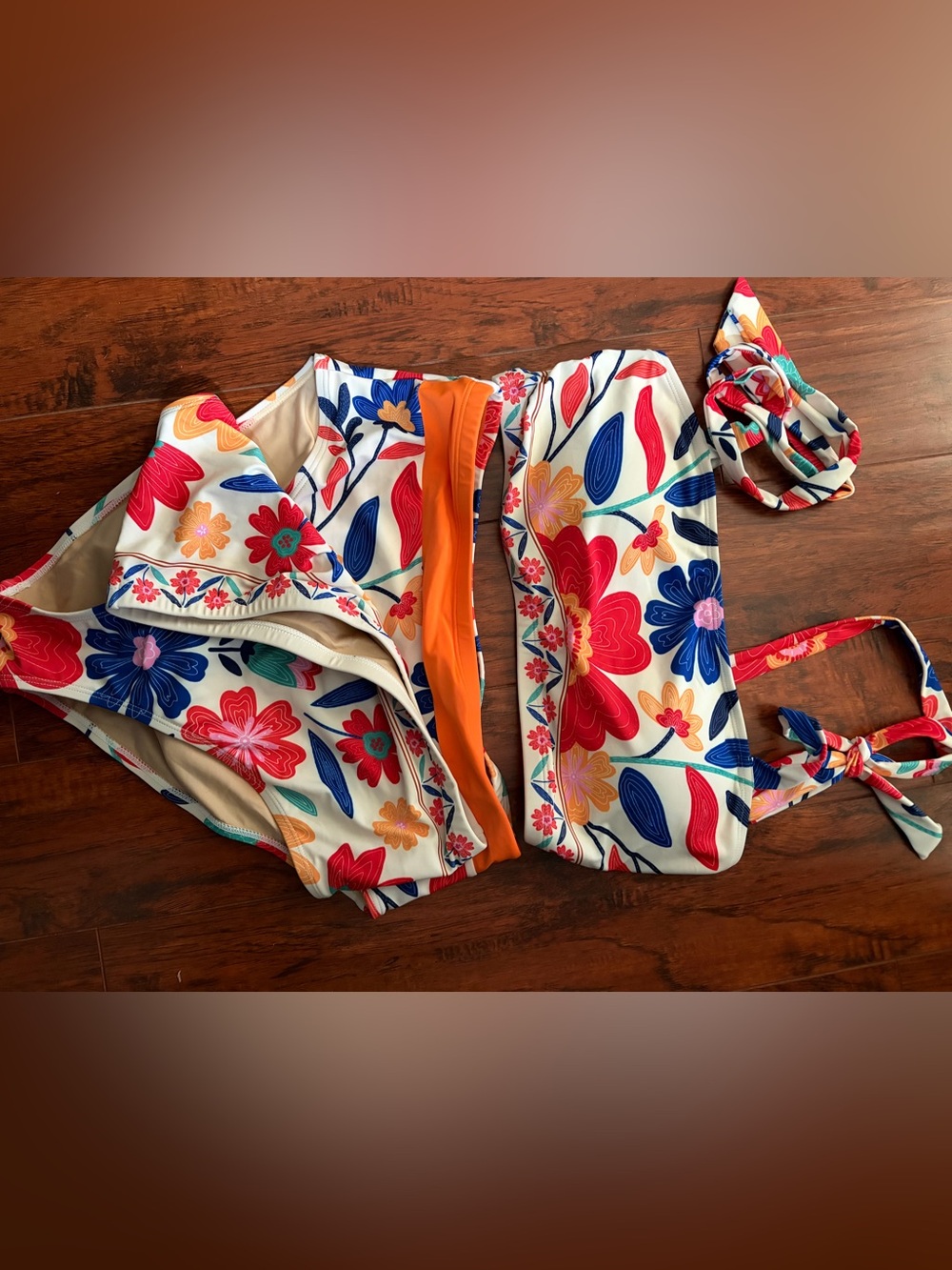 Floral Multicolor Bikini Set with Orange Accent